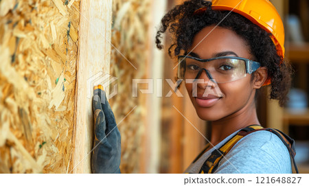 Confident, skilled, black, afro american, smiling female construction worker wearing yellow hard hat, safety glasses, gloves, working on wooden frame house. Empowerment and diversity in construction 121648827
