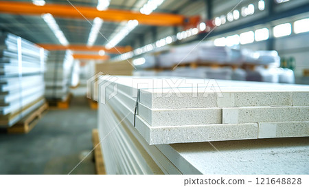 Stack of extruded polystyrene foam boards neatly arranged in modern production warehouse. Perfect for illustrating insulation materials, construction supplies, and warehouse operations 121648828