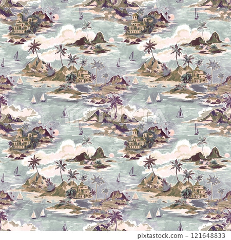 Beautiful tropical seamless pattern with hand drawn paradise islands with mountains and palm trees on beaches with ocean and clouds in sky. Ready tropical print design. 121648833