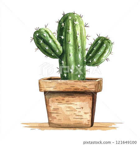Watercolor style depiction of green cactus in wooden pot, showcasing its unique shape and texture Watercolor style depiction of green cactus in wooden pot, showcasing its unique shape and texture 121649100