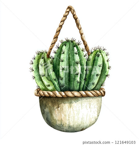 Hanging cactus in decorative pot, showcasing vibrant green colors and unique shapes, perfect for home decor Hanging cactus in decorative pot, showcasing vibrant green colors and unique shapes, perfect for home decor 121649103