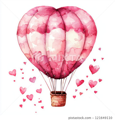 whimsical hot air balloon in heart shape, surrounded by floating hearts, evokes sense of love and adventure. Perfect for romantic themes 121649110