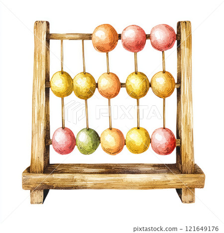 Watercolor style depiction of colorful abacus with wooden frame, evoking nostalgia and playfulness 121649176