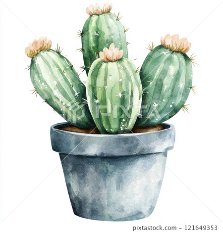 Watercolor style depiction of green cactus in gray pot, showcasing its unique beauty and charm Watercolor style depiction of green cactus in gray pot, showcasing its unique beauty and charm 121649353