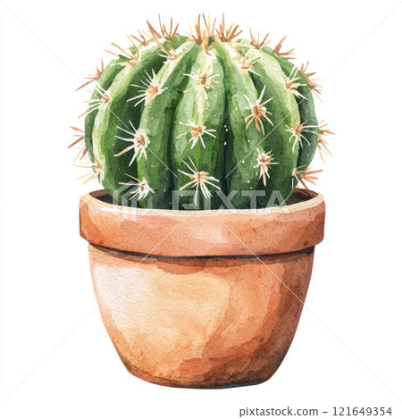 Watercolor style depiction of cute eriocactus in terracotta pot, showcasing its vibrant green color and spiky texture Watercolor style depiction of cute eriocactus in terracotta pot, showcasing its vibrant green color and spiky texture 121649354