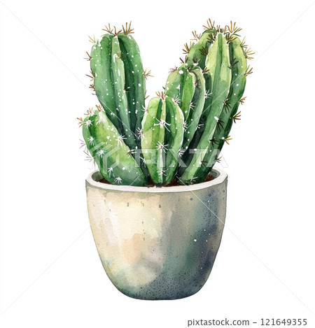 Watercolor style depiction of green cactus in pot, showcasing its unique shape and texture. Perfect for plant lovers Watercolor style depiction of green cactus in pot, showcasing its unique shape and texture. Perfect for plant lovers 121649355