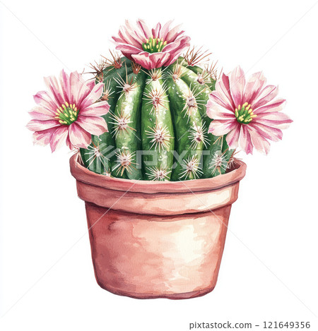 Watercolor style depiction of cute cactus with pink flowers in pot. This vibrant plant adds cheerful touch to any space 121649356
