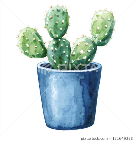 Watercolor style depiction of cute cactus in blue pot, showcasing its vibrant green pads and unique texture Watercolor style depiction of cute cactus in blue pot, showcasing its vibrant green pads and unique texture 121649358