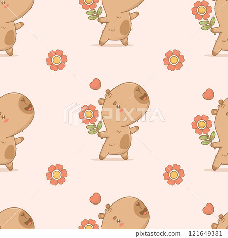 Seamless pattern with happy cartoon capybara with flower and heart on pink background. Vector illustration. Ornament template valentine Seamless pattern with happy cartoon capybara with flower and heart on pink background. Vector illustration. Ornament template valentine 121649381