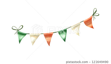Waving green, orange, white triangular flags on string in the national Irish colors watercolor illustration. Festive classical flag in pennant shape for holiday, party decor, greeting card design 121649490