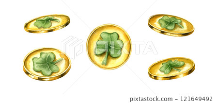 Patrick day golden coins with green clover leaf watercolor hand painted illustration. Traditional attribute with shamrock from different angles. Elements for poster decor, invitation design Patrick day golden coins with green clover leaf watercolor hand painted illustration. Traditional attribute with shamrock from different angles. Elements for poster decor, invitation design 121649492