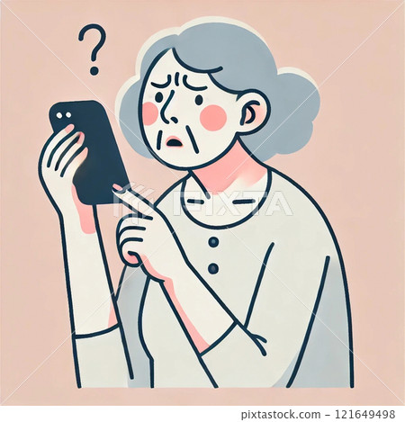 A rough sketch of a grandmother holding a smartphone and making a question mark 121649498