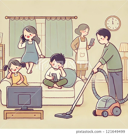 A family gathers in the living room. But they are all completely separate. Their own time - Generative AI 121649499