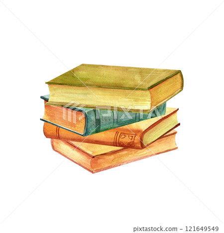 A stack of antique old books, for reading poetry and prose. Vintage watercolor illustration in for print on stickers, advertising, retro flyers and postcards, scrapbooking, wall art 121649549