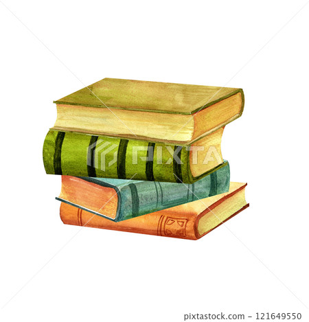 A stack of antique old books, for reading poetry and prose. Vintage watercolor illustration in for print on stickers, advertising, retro flyers and postcards, scrapbooking, wall art 121649550