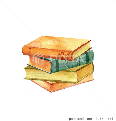 A stack of antique old books, for reading poetry and prose. Vintage watercolor illustration in for print on stickers, advertising, retro flyers and postcards, scrapbooking, wall art 121649551