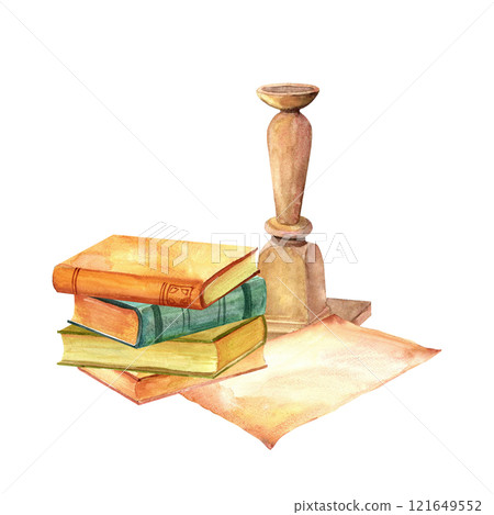 A stack of antique old books, for reading, marble candlestick and letter parer vintage watercolor illustration in for stickers, travel advertising, retro flyers and postcards, scrapbooking 121649552