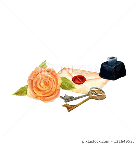 Postage set -old keys, inkwell, letter, envelope and rose vintage style watercolor clip art isolated on white background. Interior decor and wall art on retro themes, libraries, books, museums Postage set -old keys, inkwell, letter, envelope and rose vintage style watercolor clip art isolated on white background. Interior decor and wall art on retro themes, libraries, books, museums 121649553