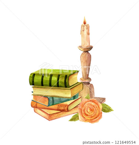 A stack of antique old books green and brown, reading, marble candlestick and rose flower vintage watercolor illustration for stickers, travel advertising, retro flyers and postcards, scrapbooking 121649554