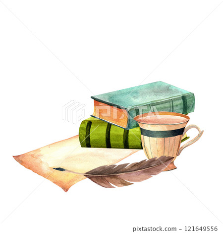 A stack of antique old books, writing supplies, ink pen, letter or poetry paper and teacup clip art watercolor illustration for stickers, travel advertising, retro flyers and postcards, scrapbooking A stack of antique old books, writing supplies, ink pen, letter or poetry paper and teacup clip art watercolor illustration for stickers, travel advertising, retro flyers and postcards, scrapbooking 121649556