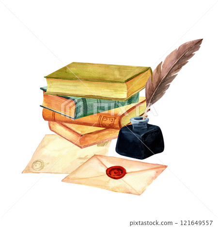 A stack of antique old books, for reading poetry and prose, and old postal envelopes set watercolor illustration in for stickers, travel advertising, retro flyers and postcards, scrapbooking A stack of antique old books, for reading poetry and prose, and old postal envelopes set watercolor illustration in for stickers, travel advertising, retro flyers and postcards, scrapbooking 121649557