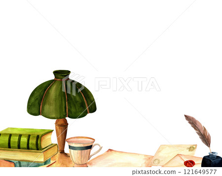 Vintage writing supplies, ink, letters, envelopes, antique lampshade watercolor hand-painted composition for printing on cards, invitations, banner, template, packaging and product labels 121649577