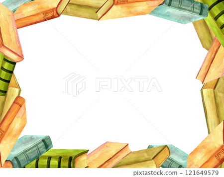 Vintage books frame watercolor hand-painted composition for printing on cards, invitations, banner, template, packaging and product labels 121649579