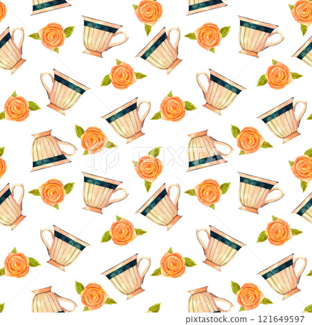 Victorian porcelain cup for tea or coffee and pink rose . Old-fahioned vintage watercolor clip art. Seamless pattern in retro style for prints on wallpaper, textiles, diy, scrapbooking for packaging Victorian porcelain cup for tea or coffee and pink rose . Old-fahioned vintage watercolor clip art. Seamless pattern in retro style for prints on wallpaper, textiles, diy, scrapbooking for packaging 121649597