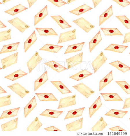 Antique letters and envelopes. Old-fahioned vintage watercolor clip art. Seamless pattern in retro style for prints on wallpaper, textiles, diy, scrapbooking for packaging 121649599