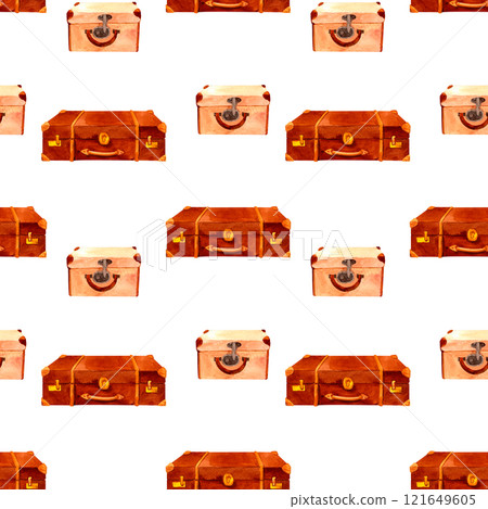 Antique travel luggage bags. Old-fahioned vintage watercolor clip art. Seamless pattern in retro style for prints on wallpaper, textiles, diy, scrapbooking for packaging Antique travel luggage bags. Old-fahioned vintage watercolor clip art. Seamless pattern in retro style for prints on wallpaper, textiles, diy, scrapbooking for packaging 121649605