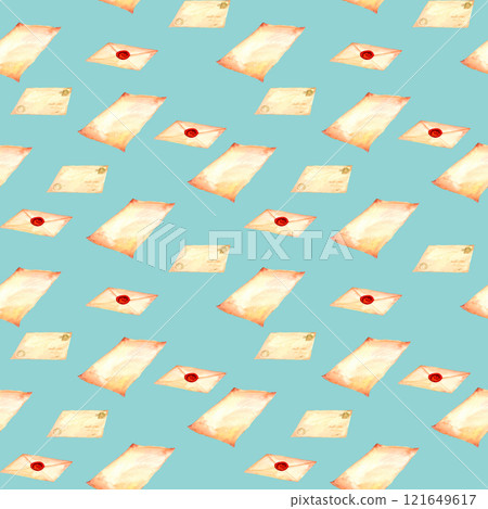 Antique letters and envelopes. Old-fahioned vintage watercolor clip art. Seamless pattern in retro style for prints on wallpaper, textiles, diy, scrapbooking for packaging 121649617
