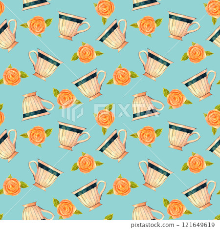 Victorian porcelain cup for tea or coffee and pink rose . Old-fahioned vintage watercolor clip art. Seamless pattern in retro style for prints on wallpaper, textiles, diy, scrapbooking for packaging 121649619