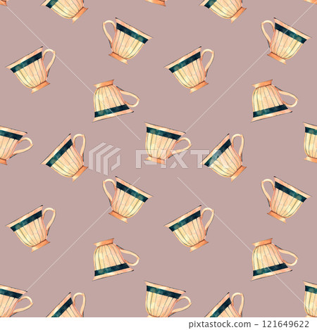 Victorian porcelain cup for tea or coffee. Old-fahioned vintage watercolor clip art. Seamless pattern in retro style for prints on wallpaper, textiles, diy, scrapbooking for packaging Victorian porcelain cup for tea or coffee. Old-fahioned vintage watercolor clip art. Seamless pattern in retro style for prints on wallpaper, textiles, diy, scrapbooking for packaging 121649622