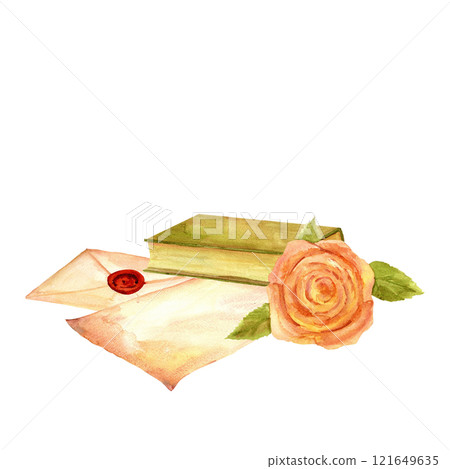 Postage set - green book, letter, envelope and rose vintage style watercolor clip art isolated on a white background. Interior decor and wall art on retro themes, travel, libraries, books, museums Postage set - green book, letter, envelope and rose vintage style watercolor clip art isolated on a white background. Interior decor and wall art on retro themes, travel, libraries, books, museums 121649635