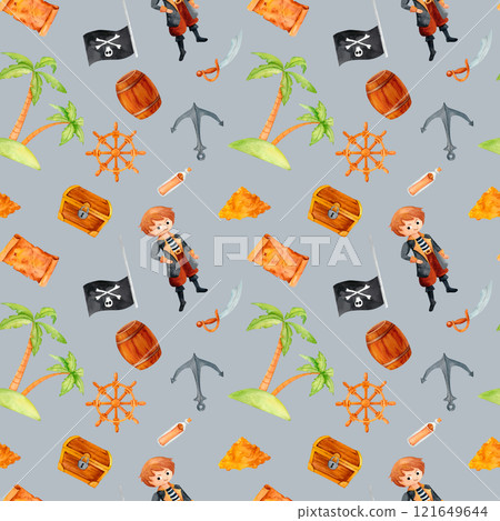 Boy pirate with maritime treasures a chest of gold, anchor, helm, and a bold Jolly Roger flag. Watercolor pattern ideal for party supplies, textiles, and themed illustrations. 121649644