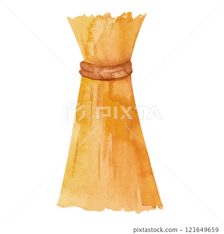 heaf of golden grain tied with rustic twine. Watercolor illustration for farm-themed designs, rural decor, or eco-friendly projects, harvest traditions, agricultural life, with warm, organic tones. 121649659