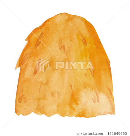 A stack of hay, commonly used for animal feed or storage, traditional rural watercolor illustration captures its soft, golden texture for farm-themed designs, countryside or agricultural projects 121649660