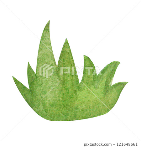 Green grassy patch or meadow shape. Watercolor clipart in a stylized flat design abstract rural background l for fields, country, farm illustrations, nature scenes, pastoral landscapes, rustic decor. 121649661