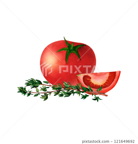 Red tomato with aromatic herb thyme watercolor illustration. For prints on textile and paper, clothes, plates and dishes design, decoration for kitchen, restaurant menus, recipes, cookbook. Red tomato with aromatic herb thyme watercolor illustration. For prints on textile and paper, clothes, plates and dishes design, decoration for kitchen, restaurant menus, recipes, cookbook. 121649692