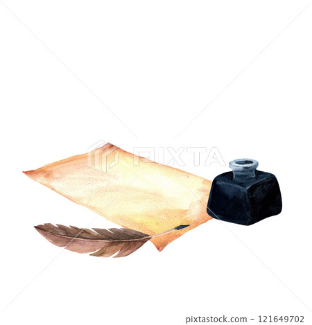 Antique ink, pen, old paper postage set , poetry scene writing supplies watercolor illustration in for print on stickers, advertising, retro flyers and postcards., scrapbooking, diy, wall art 121649702