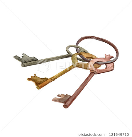 Antique worn metal key Victorian era hand-painted in vintage style watercolor object isolated on a white background. Interior decor and wall art on retro themes, travel, libraries, books, museums 121649710
