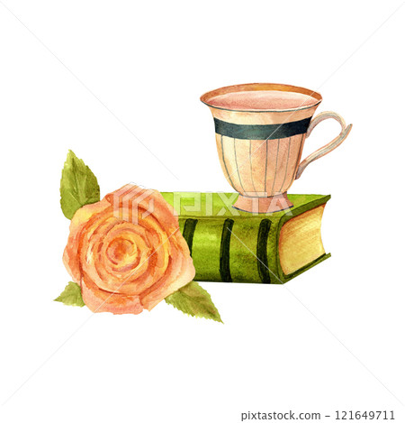 Books, rose and teacup composition. Vintage reading clip art. Hand drawn watercolor retro library image for stickers, retro flyers and postcards. scrapbooking Books, rose and teacup composition. Vintage reading clip art. Hand drawn watercolor retro library image for stickers, retro flyers and postcards. scrapbooking 121649711
