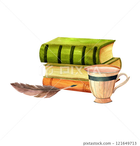 Books, rose and teacup composition. Vintage reading clip art. Hand drawn watercolor retro library image for stickers, retro flyers and postcards. scrapbooking Books, rose and teacup composition. Vintage reading clip art. Hand drawn watercolor retro library image for stickers, retro flyers and postcards. scrapbooking 121649713