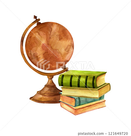 Antique shop, composition with a globe and books. Watercolor vintage illustration in warm tones isolated on a white background for scrapbooking, stickers, advertising, diy, retro flyers and postcards Antique shop, composition with a globe and books. Watercolor vintage illustration in warm tones isolated on a white background for scrapbooking, stickers, advertising, diy, retro flyers and postcards 121649720