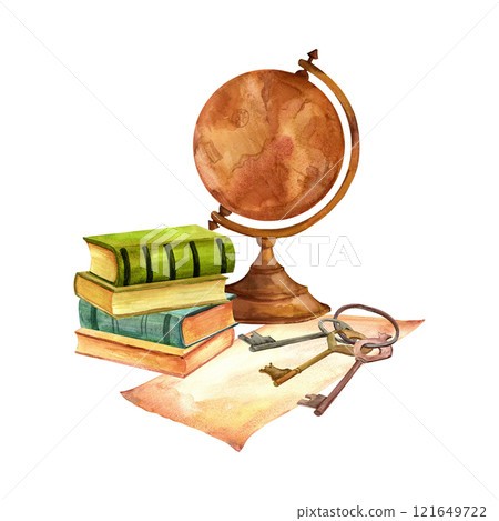 Old library, composition with a globe and books. Watercolor vintage illustration in warm tones isolated on a white background for scrapbooking, stickers, advertising, diy, retro flyers and postcards Old library, composition with a globe and books. Watercolor vintage illustration in warm tones isolated on a white background for scrapbooking, stickers, advertising, diy, retro flyers and postcards 121649722