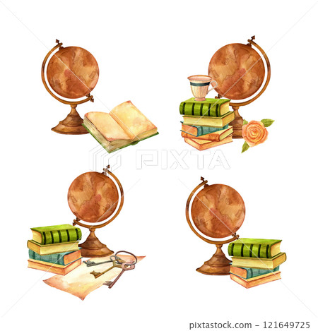 Antique shop, compositions set with a globe and books. Watercolor vintage illustration in warm tones isolated on a white background for scrapbooking, stickers, advertising, retro flyers and postcards Antique shop, compositions set with a globe and books. Watercolor vintage illustration in warm tones isolated on a white background for scrapbooking, stickers, advertising, retro flyers and postcards 121649725