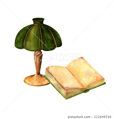 A lamp with a green shade, antique books, poetry scene composition watercolor set. Print for Interior decor and wall art on retro themes, travel, libraries, books, museums 121649726