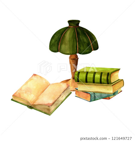 A lamp with a green shade, antique reding books composition watercolor set. Writing set watercolor illustration in for print on stickers,advertising, retro flyers and postcards., scrapbooking A lamp with a green shade, antique reding books composition watercolor set. Writing set watercolor illustration in for print on stickers,advertising, retro flyers and postcards., scrapbooking 121649727