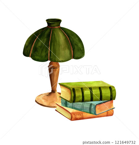 A lamp with a green shade, antique books, reading place composition watercolor set. Writing set watercolor illustration in for print on stickers,advertising, retro flyers and postcards., scrapbooking 121649732