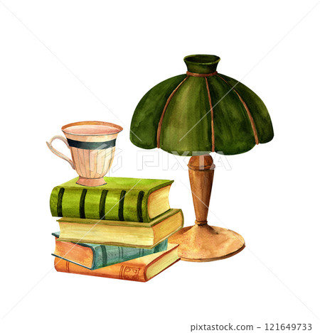 A lamp with a green shade, antique books, a tea cup composition watercolor set. Writing set watercolor illustration in for print on stickers,advertising, retro flyers and postcards., scrapbooking 121649733